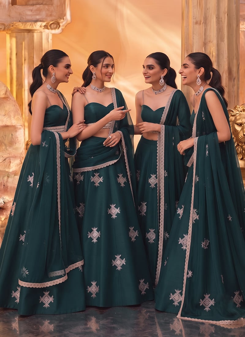 Teal Green Silk Hand Embroidered Sequins Cutdana Work Lehenga Wedding Wear
