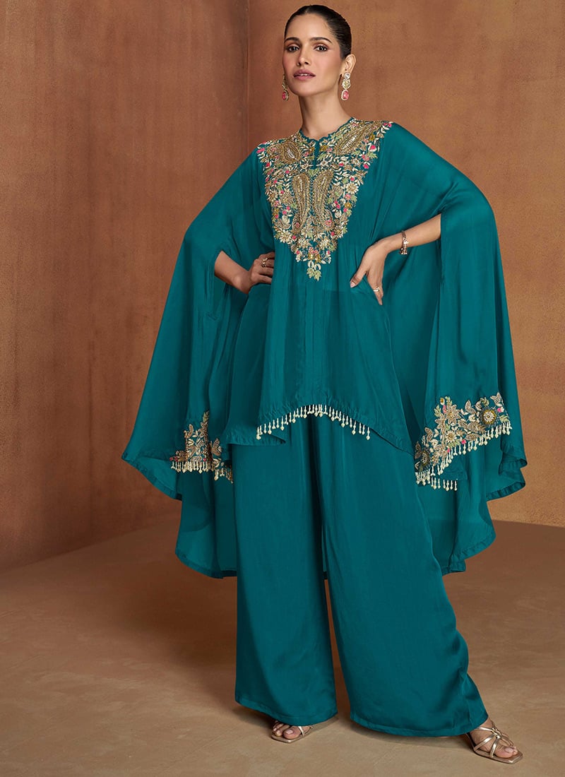 Teal Green Silk Sequins Hand Work Indowestern Kaftan Co ord Sets After Six Wear