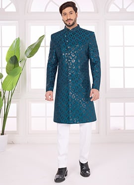 Teal Green Silk Zari Embroidered Sequins Classy Indowestern Sherwani