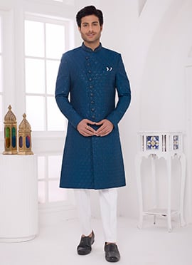 Teal Green Silk Zari Embroidered Sequins Indowestern Sherwani