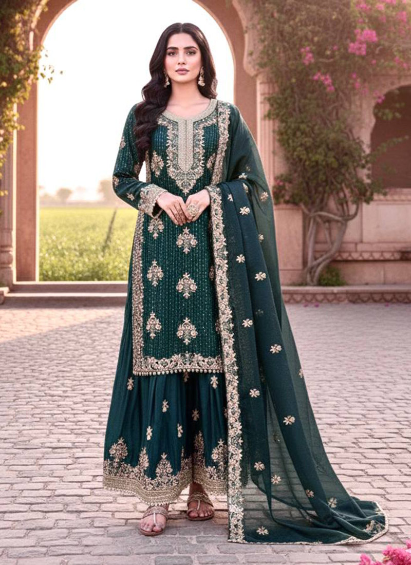 Teal Green Silk Zari Embroidered Sequins Palazzo Suit Festive Wear