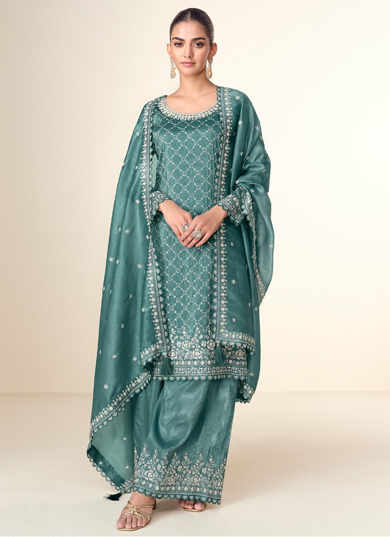 Teal Green Tissue Crush Embroidered Sequins Palazzo Suit Festive Wear