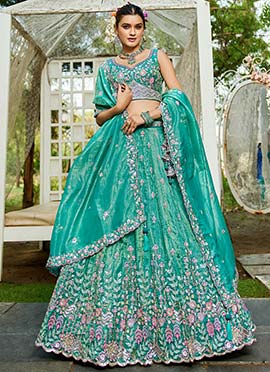 Teal Green Tissue Embroidered Sequins Lehenga