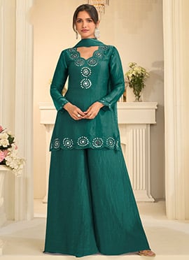 Teal Green Tora Silk Embroidered Mirror Work Thread Palazzo Suit