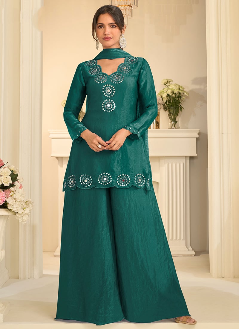 Teal Green Tora Silk Embroidered Mirror Work Thread Palazzo Suit Festive Wear