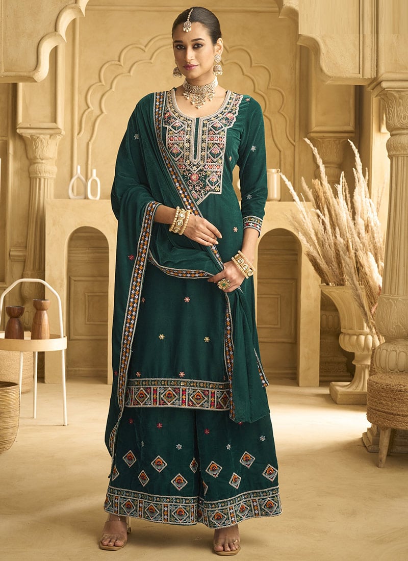 Teal Green Velvet Palazzo Suit With Sequins Embroidery And Beads Work Festive Wear