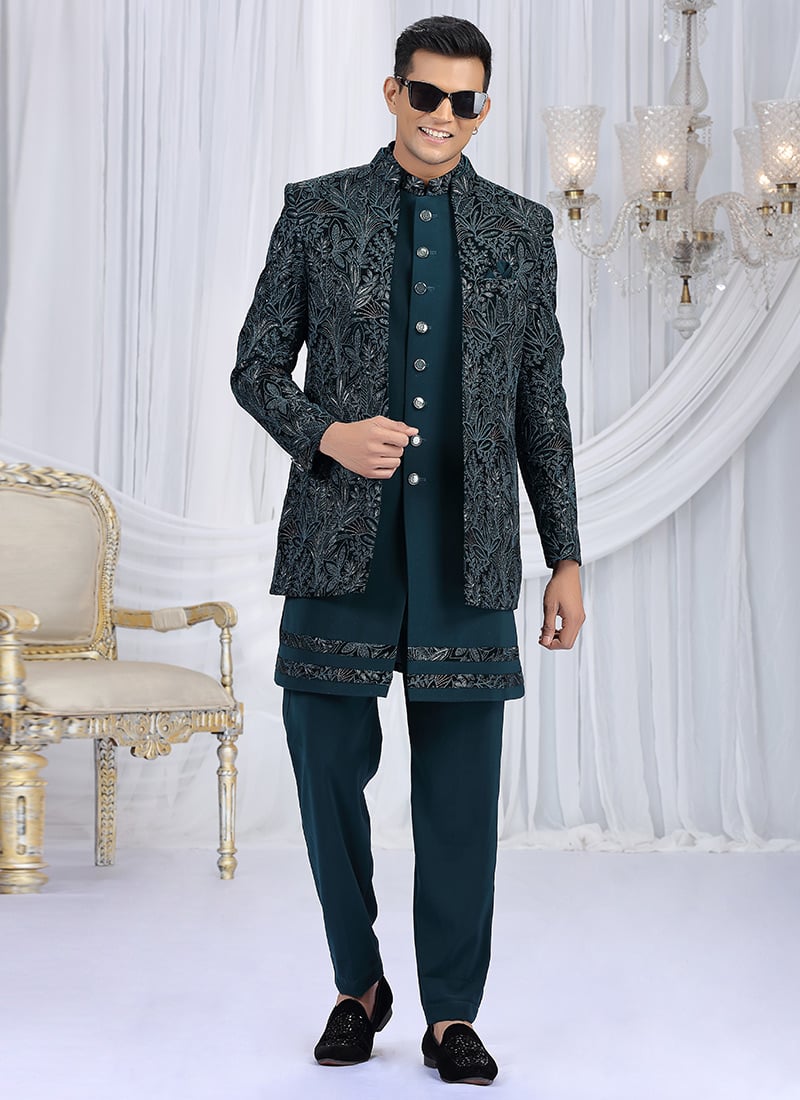 Teal Green Velvet Silk Embroidered Sequins Zari Indowestern Sherwani Wedding Wear