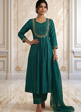 Teal Green Vichitra Silk Zari Sequins Anarkali Suit