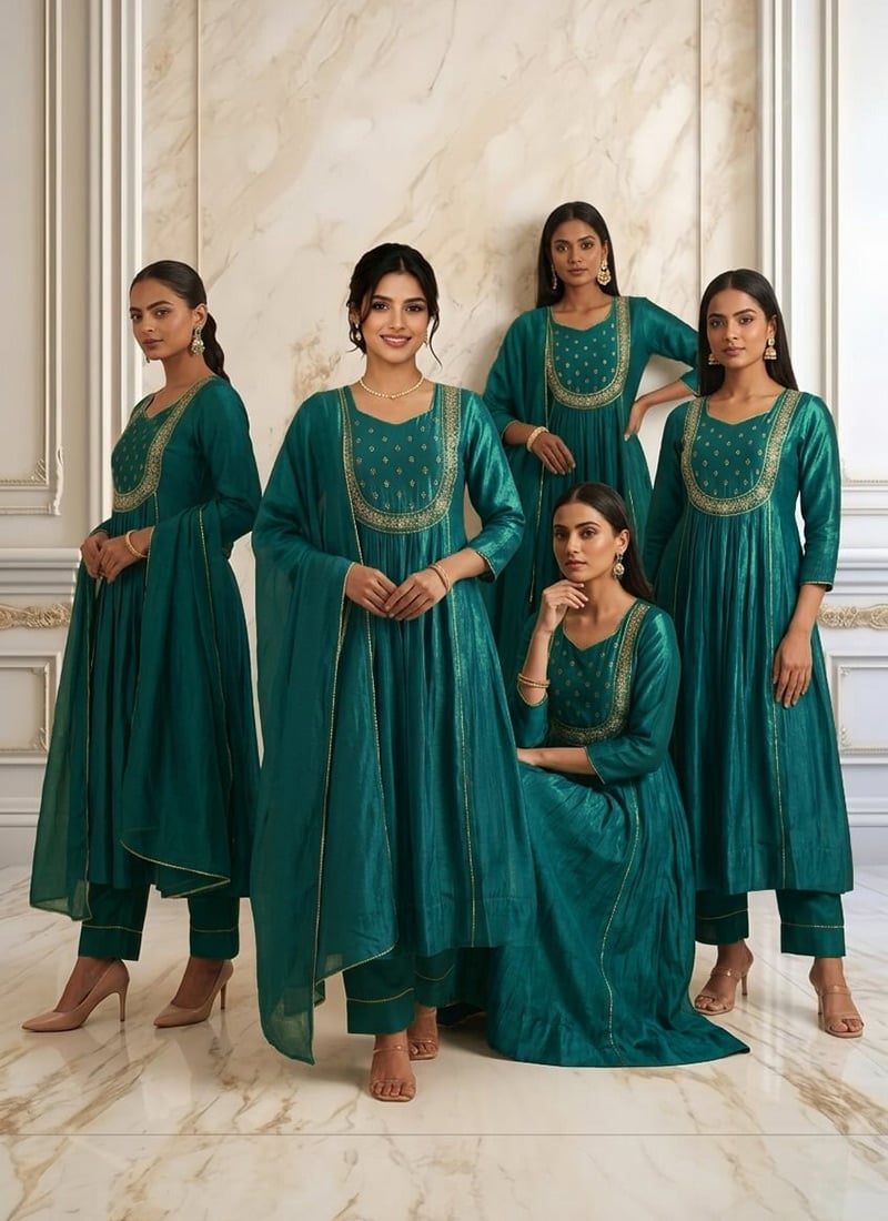 Teal Green Vichitra Silk Zari Sequins Anarkali Suit Wedding Wear