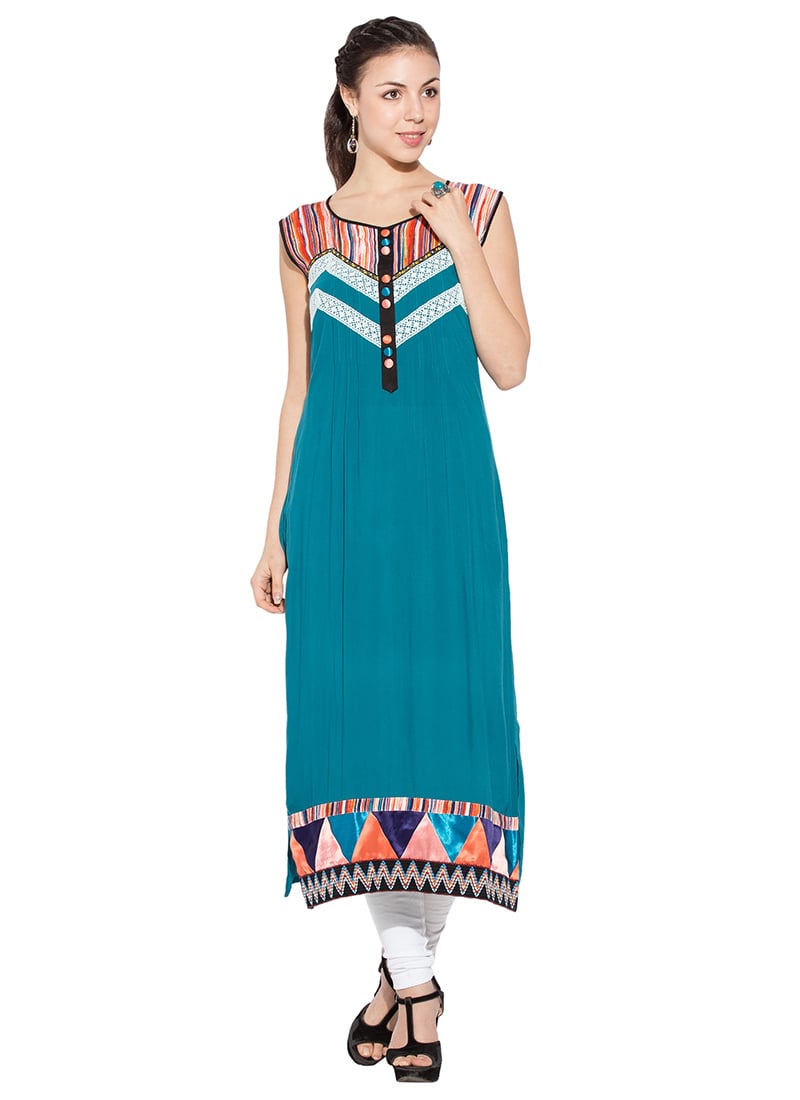 Teal Blue Viscose Long Kurti After Six Wear