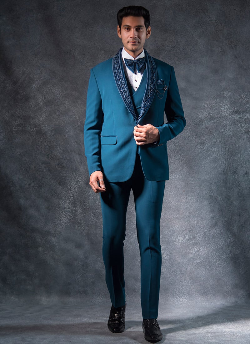 Teal Hand And Stone Work Rayon Three Piece Suit