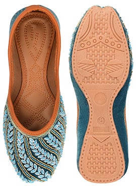 Teal Hand Embroidered Sequins Juti