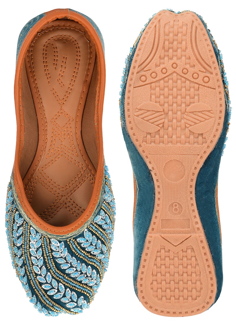 Teal Hand Embroidered Sequins Juti