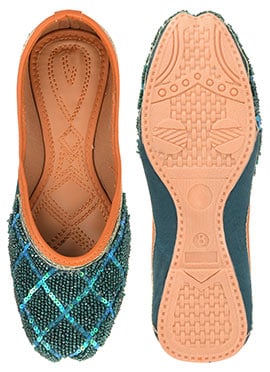 Teal Hand Embroidered Sequins Juti