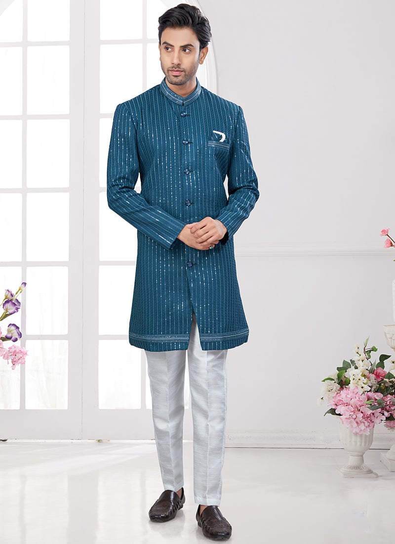 Teal Imported Silk Embroidered Sequins Indowestern Sherwani Festive Wear