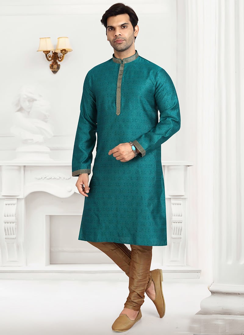 Teal Jacquard Silk Brocade Kurta Pyjama Party Wear