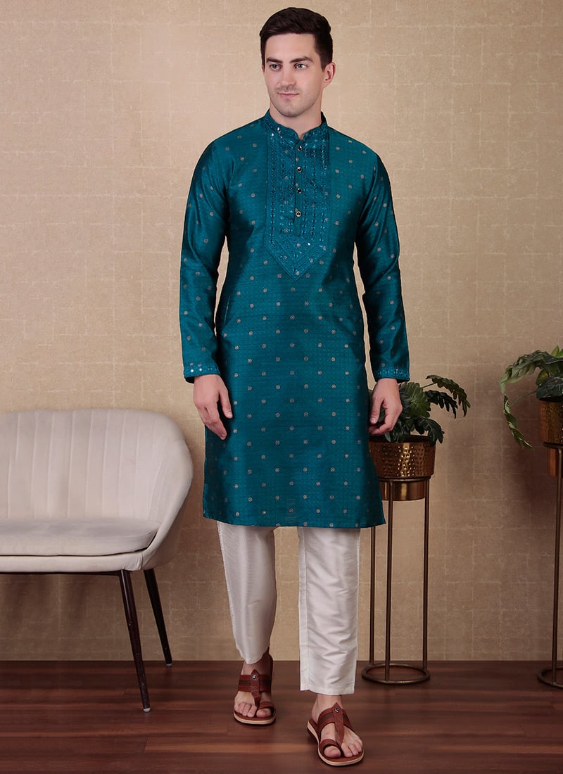 Teal Jacquard Silk Embroidered Kurta Pyjama Festive Wear