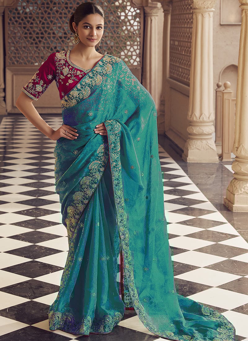 Teal Jacquard Silk Embroidered Sequins And Stones Saree Wedding Wear