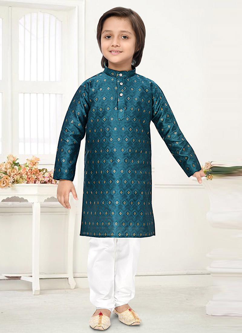 Teal Jacquard Silk Kids Kurta Pyjama Set With Elegant Woven Design Festive Wear