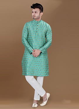 Teal Jacquard Silk Kurta Pyjama