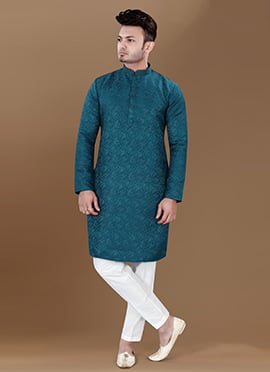 Teal Jacquard Silk Kurta Pyjama