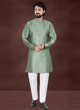 Teal Jacquard Silk Kurta Pyjama