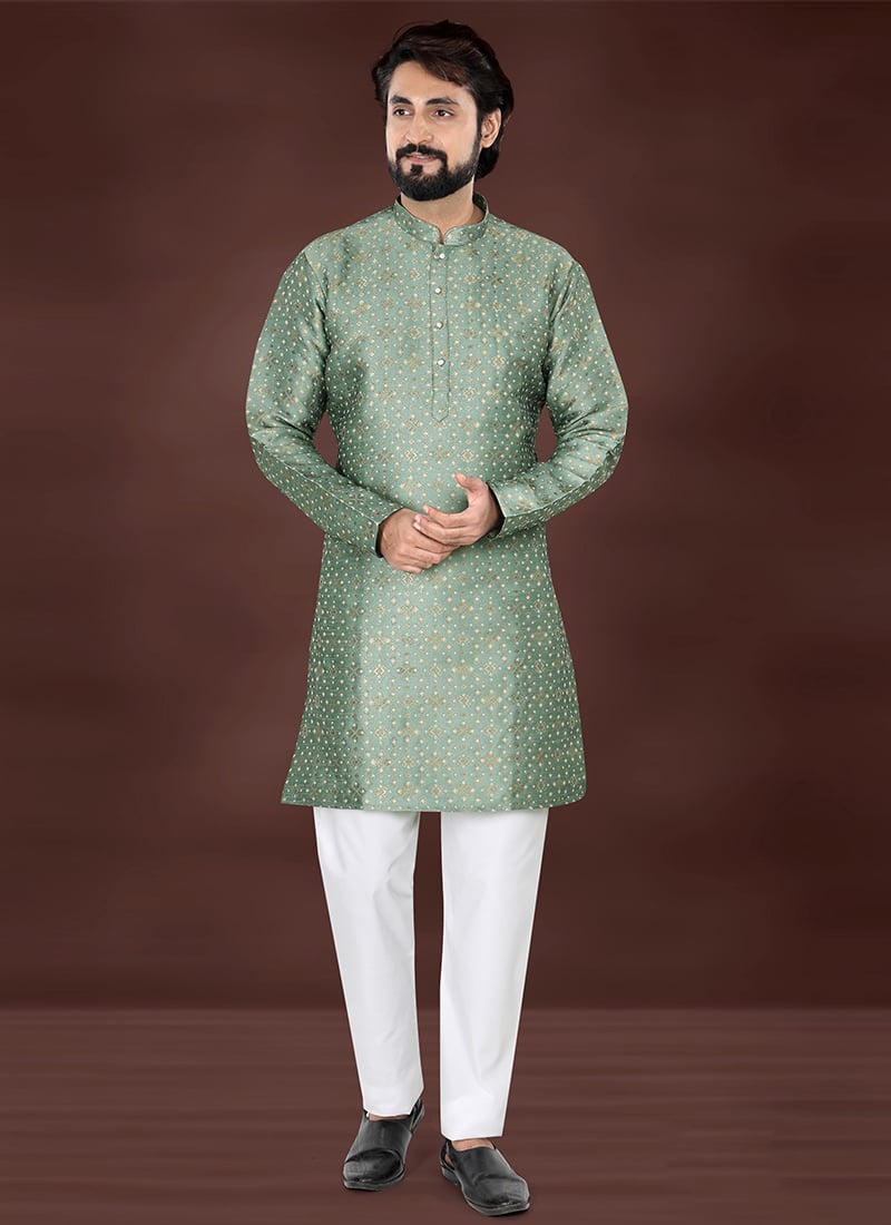 Teal Jacquard Silk Kurta Pyjama Festive Wear