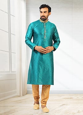 Teal Jacquard Silk Pintux Kurta Pyjama