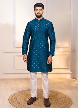 Teal Jacquard Silk Thread Embroidered Kurta Pyjama
