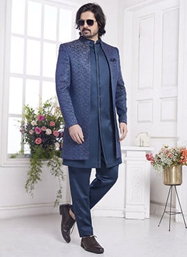 Teal Jacquard Silk Zari Embroidered Indowestern Jacket Sherwani Set