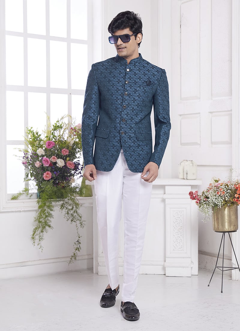 Teal Jacquard Silk Zari Thread Jodhpuri Blazers