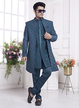 Teal Jacquard Silk Zari Work Indowestern Sherwani
