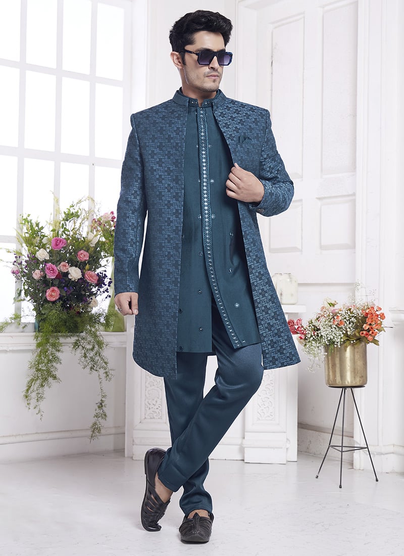 Teal Jacquard Silk Zari Work Indowestern Sherwani Wedding Wear