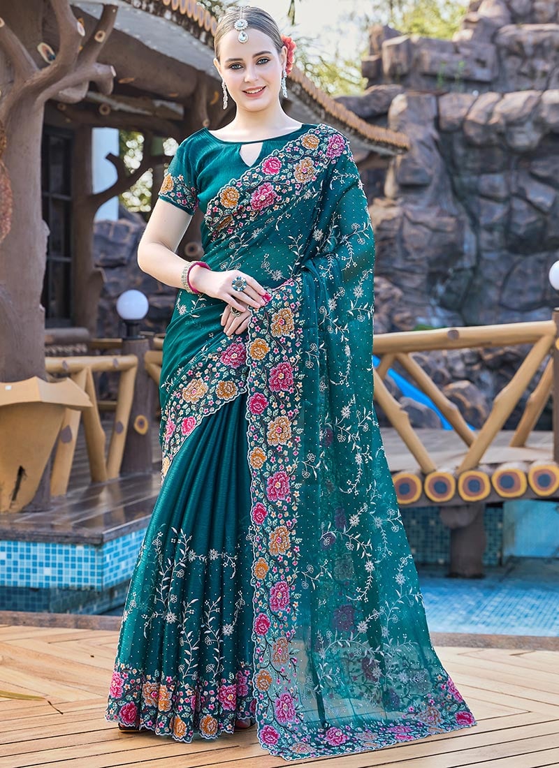 Teal Organza Floral Embroidered Sequins Stone Embossed Saree  Festive Wear