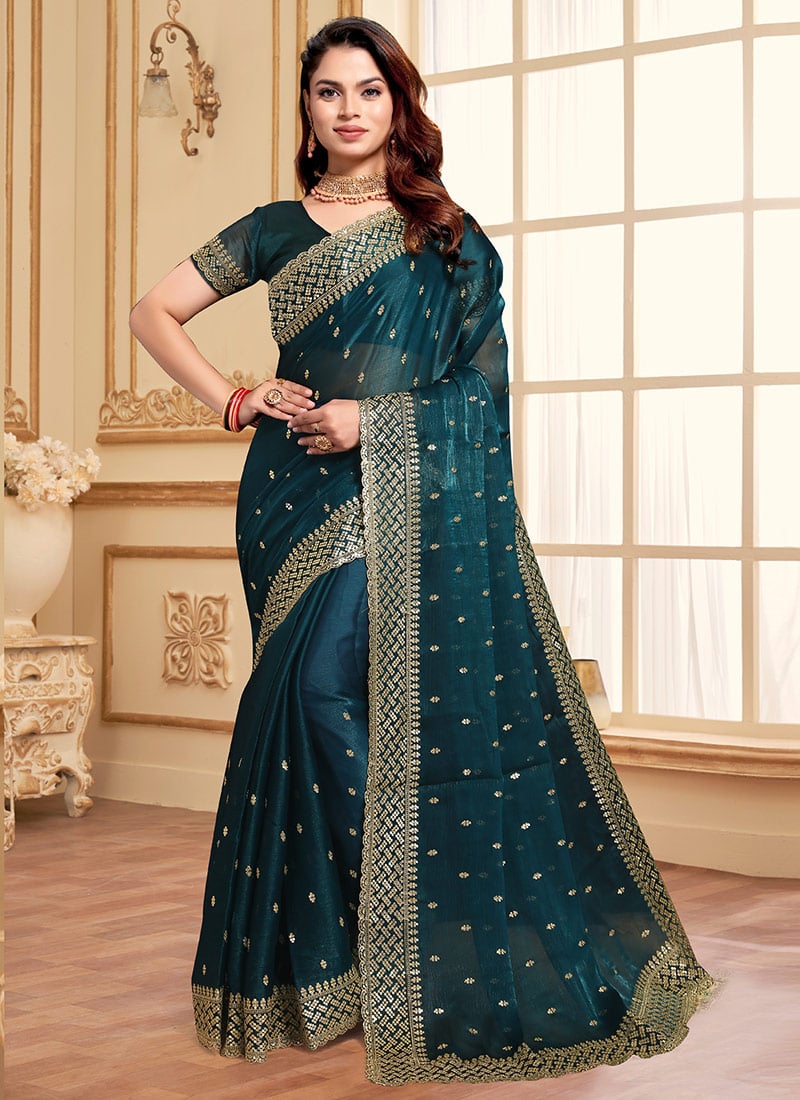 Teal Organza Zari Embroidered Sequins Saree Festive Wear