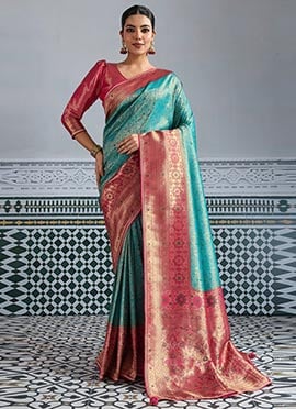Teal Kanjivaram Mul Silk Zari Woven Saree