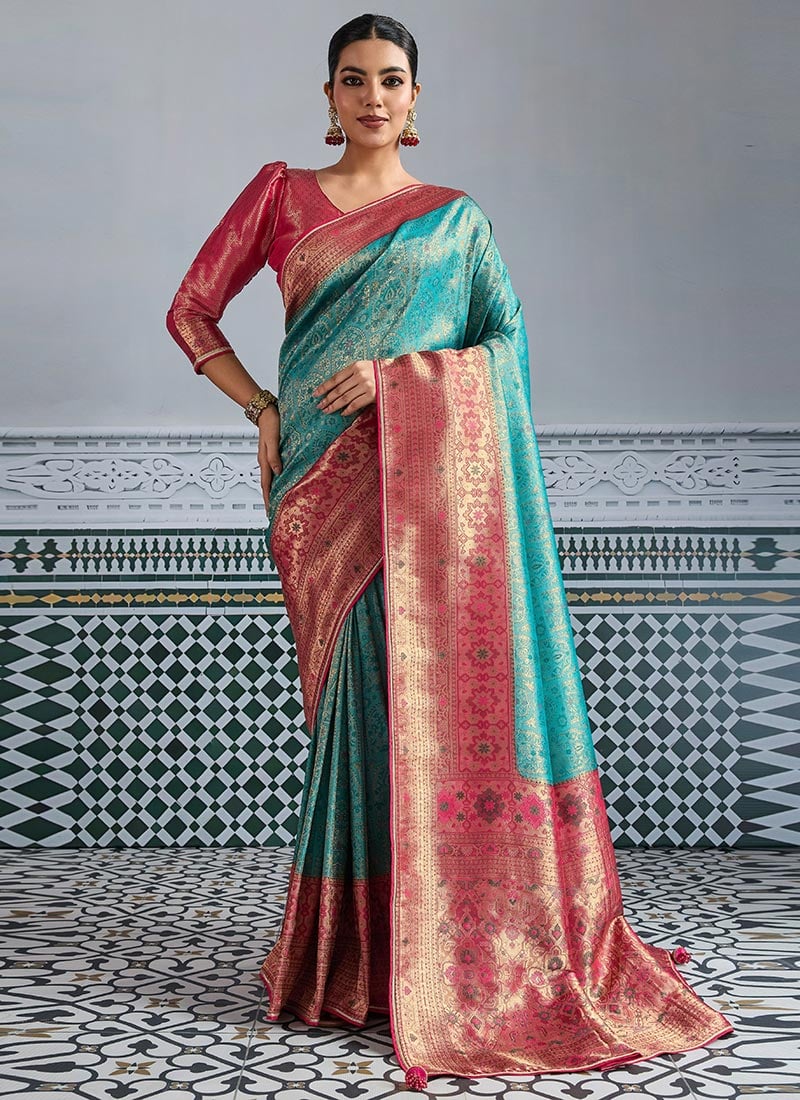 Teal Kanjivaram Mul Silk Zari Woven Saree Festive Wear
