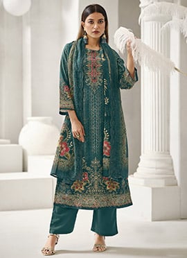Teal Lawn Cotton Digital Print Straight Pant Suit