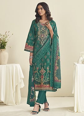 Teal Lawn Cotton Digital Print Thread Straight Pant Suit