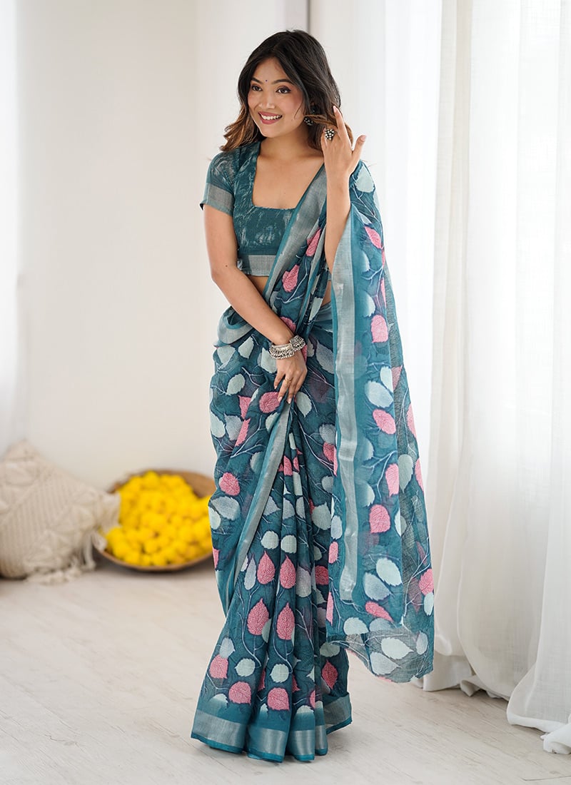 Teal Linen Printed Saree After Six Wear