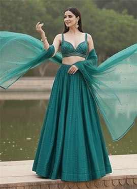 Teal Malali Satin Hand Embroidered Seuins Lehenga