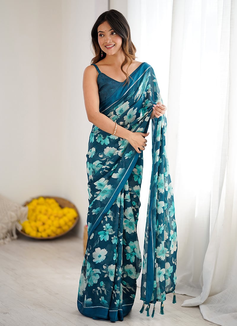 Teal Moss Satin Digital Print Saree