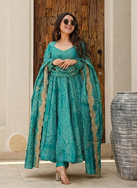 Teal Muslin Bandhini Print Anarkali Suit