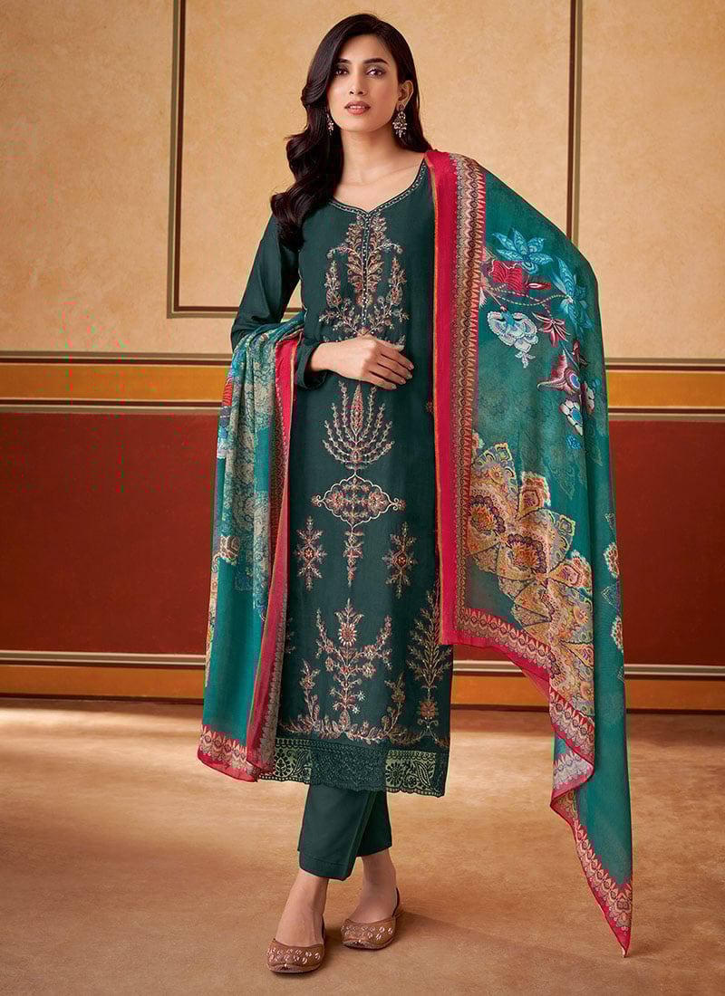 Teal Muslin Digital Print Embroidered Pakistani Straight Pant Suit Festive Wear