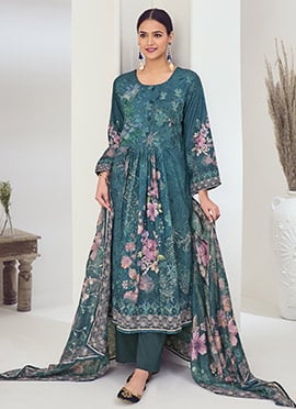 Teal Muslin Digital Print Thread Embroidered Sequins Straight Pant Suit
