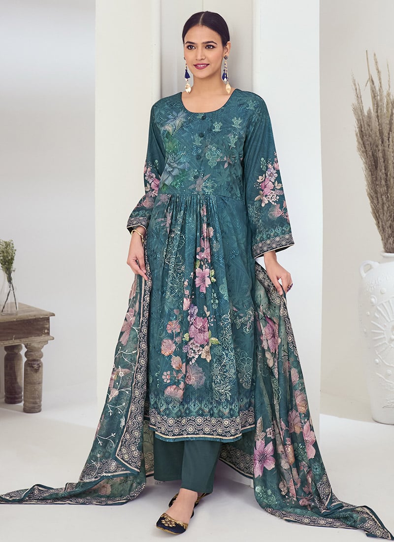Teal Muslin Digital Print Thread Embroidered Sequins Straight Pant Suit After Six Wear