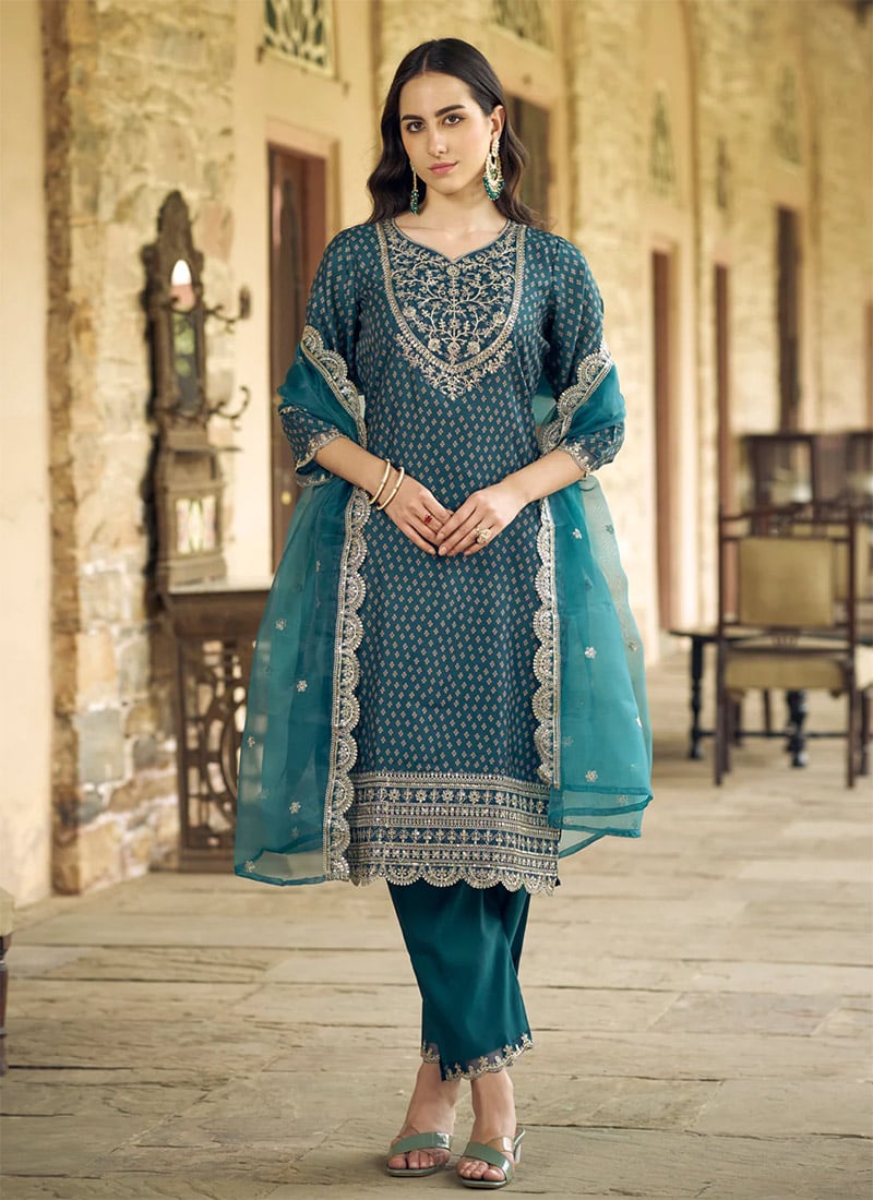 Teal Muslin Embroidered Printed Straight Pant Suit After Six Wear