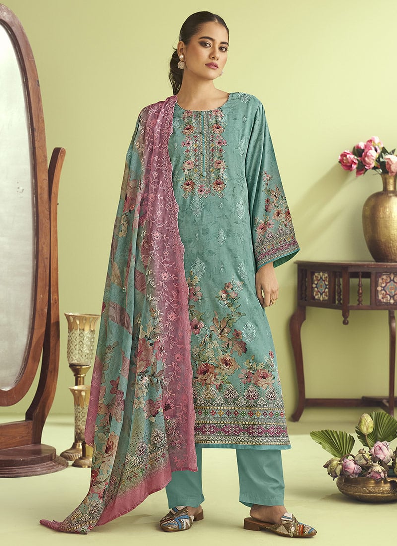 Teal Muslin Thread Embroidered Sequins And Digital Print Pakistani Suit Festive Wear