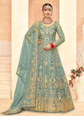 Teal Net Embroidered Sequins Anarkali Suit
