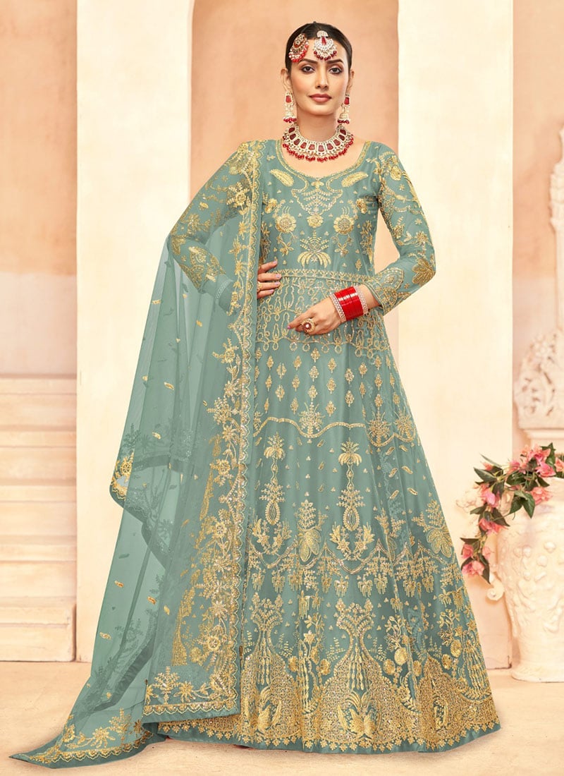 Teal Net Embroidered Sequins Anarkali Suit Festive Wear
